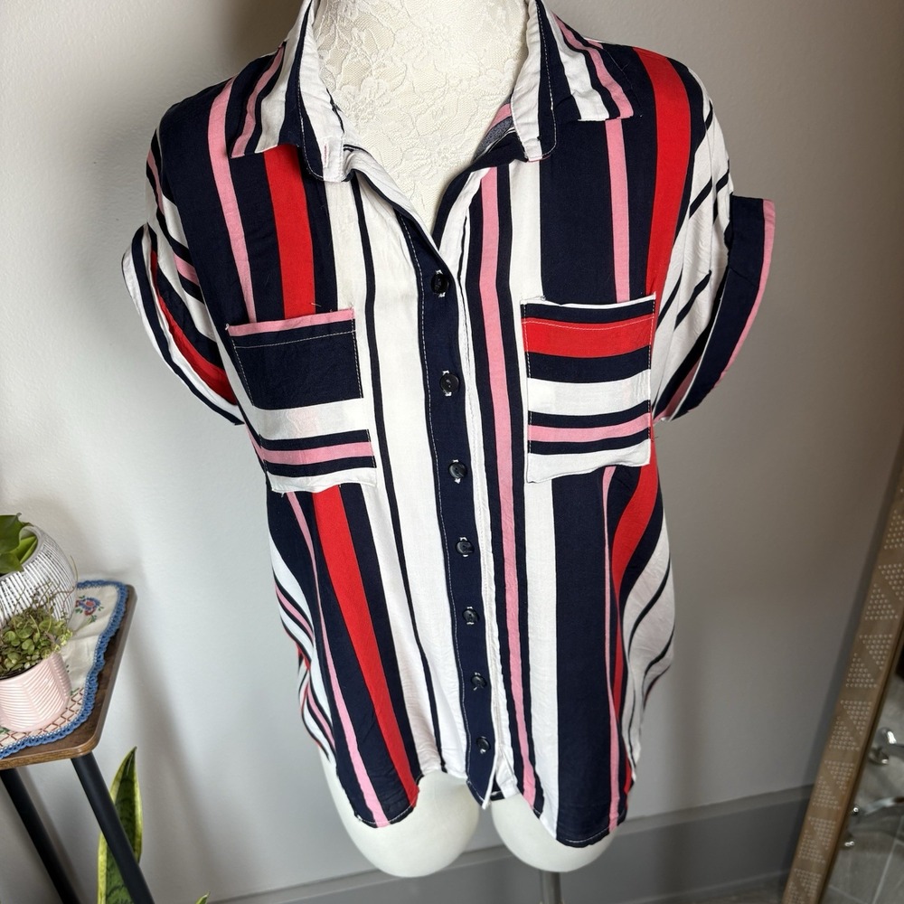Love Notes Womens L Multi Color Striped Button Up Top Nautical Preppy Rayon